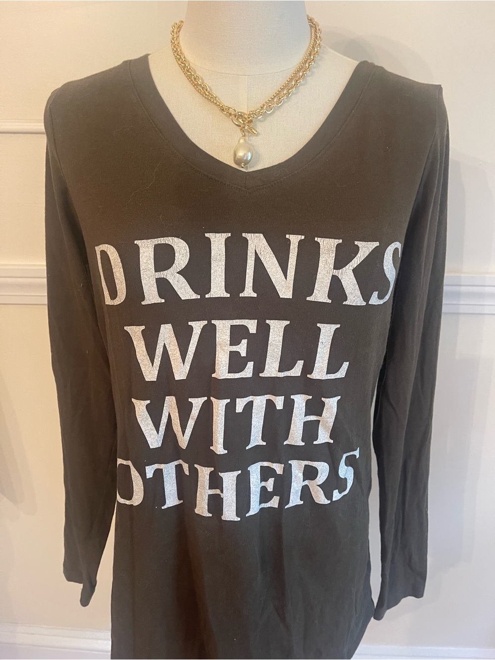 Zenana Outfitters Black V-Neck Long Sleeve Top with Silver Text